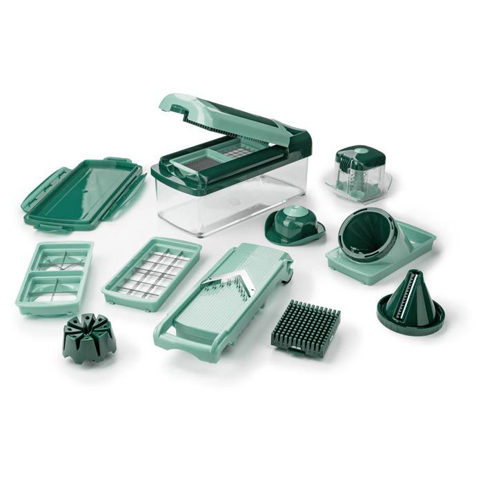 Genius Gemüseschneider Nicer Dicer Fusion Smart, 16-teilig, Multischneider mit 7 Einsätzen und Behälter, Edelstahlklingen – Böttcher AG