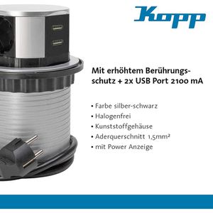 Produktbild für Einbausteckdose Kopp Turm, mit 1,4 m Kabel, versenkbar