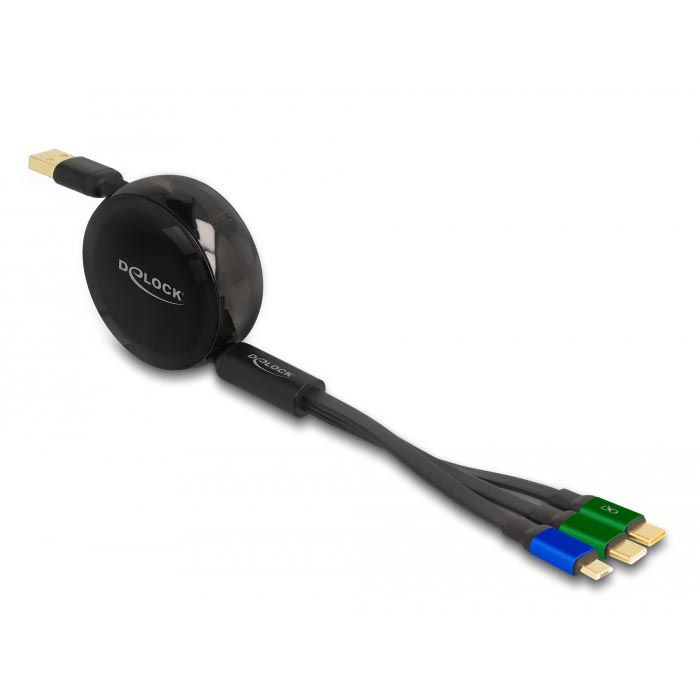 DeLock Ladekabel 85359 3in1 Aufrollkabel, schwarz, USB A auf Micro