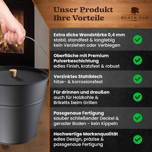Produktbild für Ascheeimer Black-Oak Fuego schwarz, mit Holzgriff und Deckel