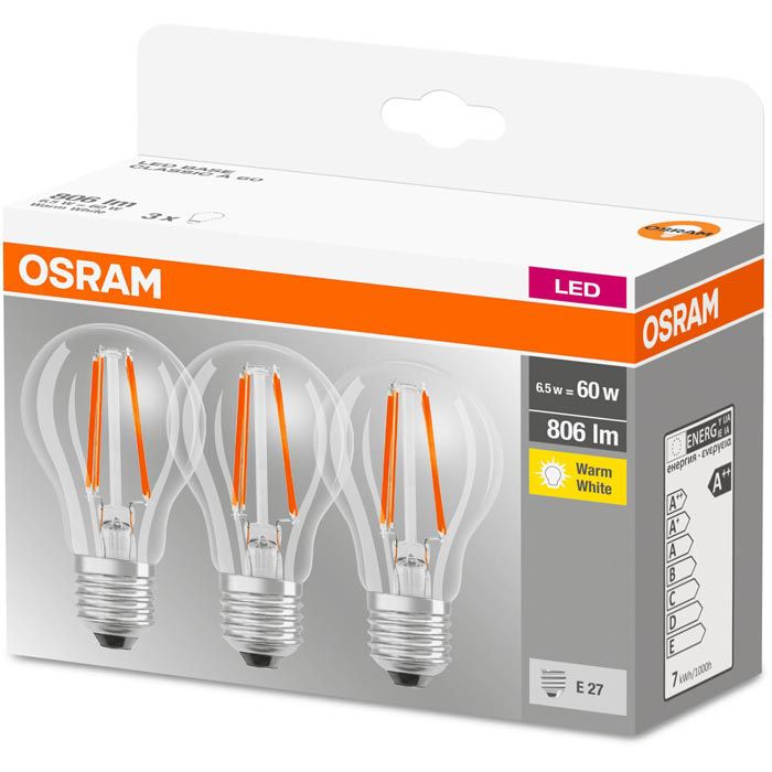 Osram LED-Lampe Base Classic A Filament E27, Warmweiß, 7 Watt (60W), 3 ...