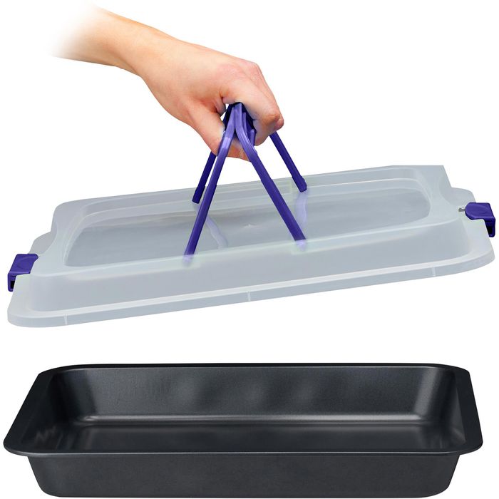 Relaxdays Backblech 10047952-45 3in1 blau/schwarz Carbon-Stahl, 40 x 32 cm, Rand 5 cm hoch, antihaftbeschichtet, mit Deckel – Böttcher AG
