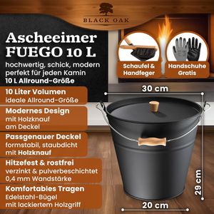 Produktbild für Ascheeimer Black-Oak Fuego schwarz, mit Holzgriff und Deckel
