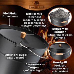 Produktbild für Ascheeimer Black-Oak Fuego schwarz, mit Holzgriff und Deckel