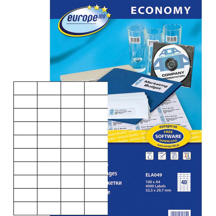 Europe100 Etichette Universali 52,5x29,7 Mm - 100 Fogli Per 4000 Etichette Bianche