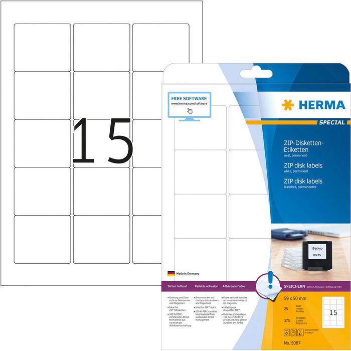 Herma Universaletiketten 5087 Special weiß ZIP-Disk-Etiketten 59 x 50mm 25 Blatt 375 Stück