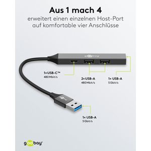 Produktbild für USB-Hub Goobay 74458, grau, mit Metallgehäuse
