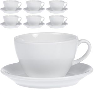 Esmeyer Kaffeetassen Bistro mit Untertassen, 400ml, Porzellan weiß, Milchkaffeetassen, Set 12-teilig , 6 Stück