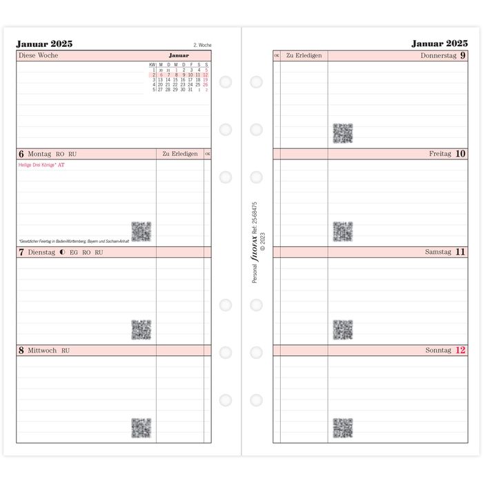 Filofax Kalendereinlagen 68475 Professional, 1 Woche auf 2 Seiten