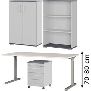 Schreibtisch, lichtgrau, Set – 3, Büromöbel-Set Rollcontainer, Böttcher 2.0 4-teilig, Germania Profi AG Schrank
