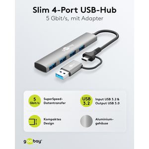 Produktbild für USB-Hub Goobay 2in1 Slim, 79149, grau, mit Metallgehäuse