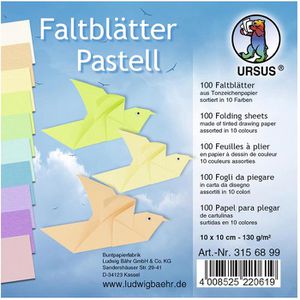 Ursus Faltblätter 3156899, aus Tonzeichenpapier, 10x10cm 130g/m² Pastell 10 Farben 100 Blatt
