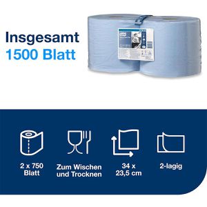 Produktbild für Putztuchrolle Tork Advanced, 130052, W1 u. W2, Zellstoff, blau