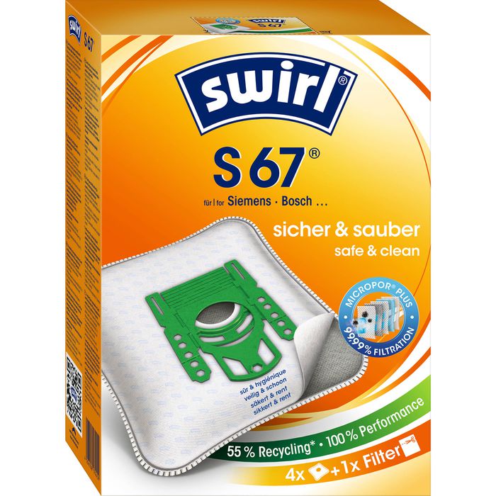 Swirl Staubsaugerbeutel S 67 MicroPor Plus, mit Ersatzfilter, für Staubsauger Siemens und Bosch, 4 Stück – Böttcher AG