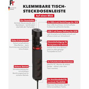 Produktbild für Tischsteckdose FeinTech MD833, mit 3m Kabel