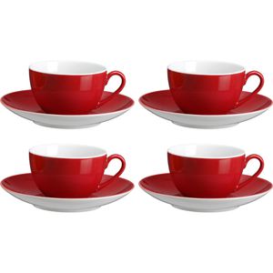 RitzenhoffundBreker Kaffeetassen Doppio rot, 200ml, Porzellan, 4 Tassen mit Untertassen, Set 8-teilig , 4 Stück