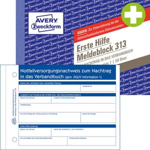 Zweckform Meldeblock Erste Hilfe 313, A6 quer, zur Dokumentation von Unfällen gem. DGUV, 50 Blatt