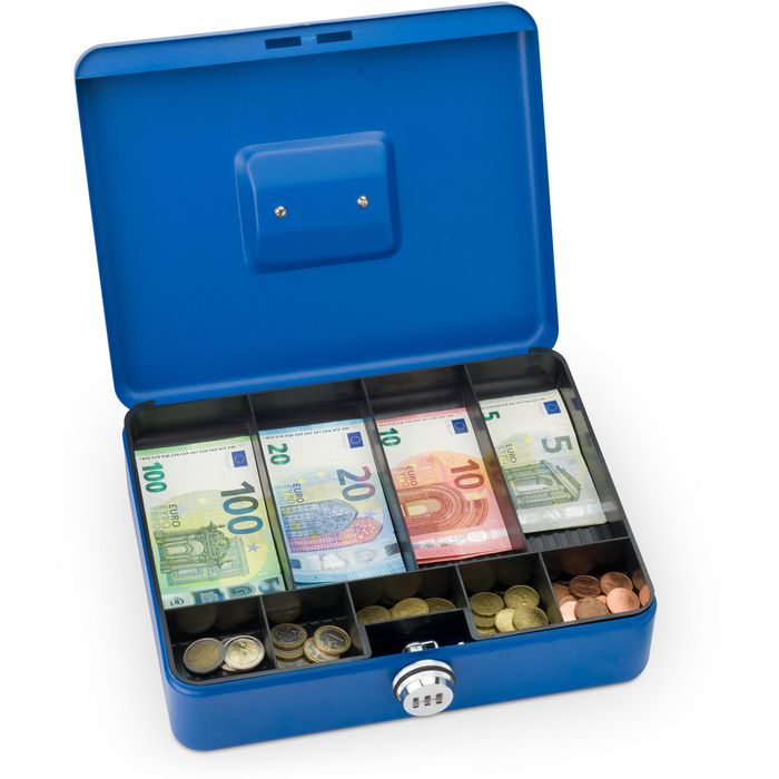 Geldkassette aus robustem Stahl mit herausnehmbaren Münzfächern 300 mm, blau