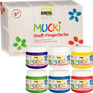 Kreul Fingerfarbe Mucki 28420, Stoff-Fingerfarbe, 6 Farben je 150 ml, waschbeständig bis 40 Grad