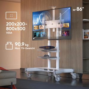 Produktbild für TV-Ständer Onkron TS1881-W, mit Ablage &amp; Rollen, weiß, Metall