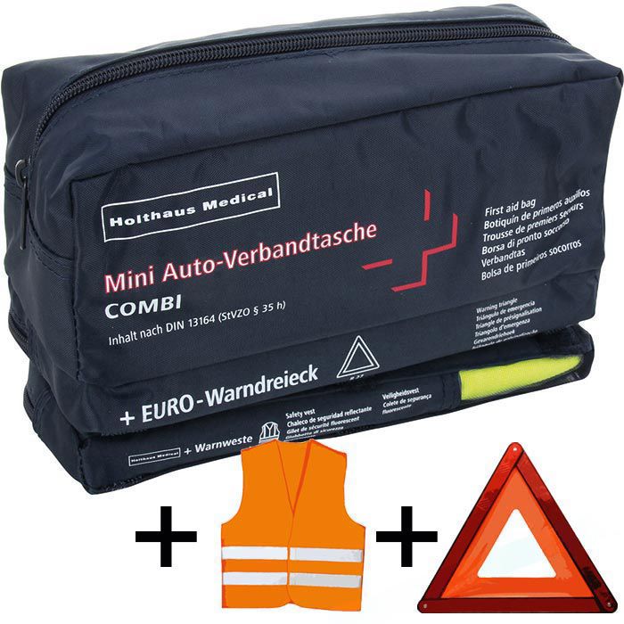 Holthaus Erste-Hilfe-Tasche Mini 3in1, gefüllt, Füllung nach DIN 13164,  Warndreieck & -weste, Auto – Böttcher AG
