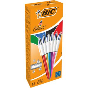 Bic Vierfarbkugelschreiber 4 Colours Shine, Schreibfarben rot, grün, blau, schwarz, 12 Stück